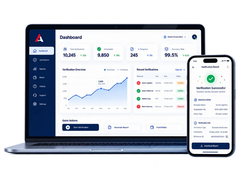 Abhita verification platform shown on laptop and mobile devices