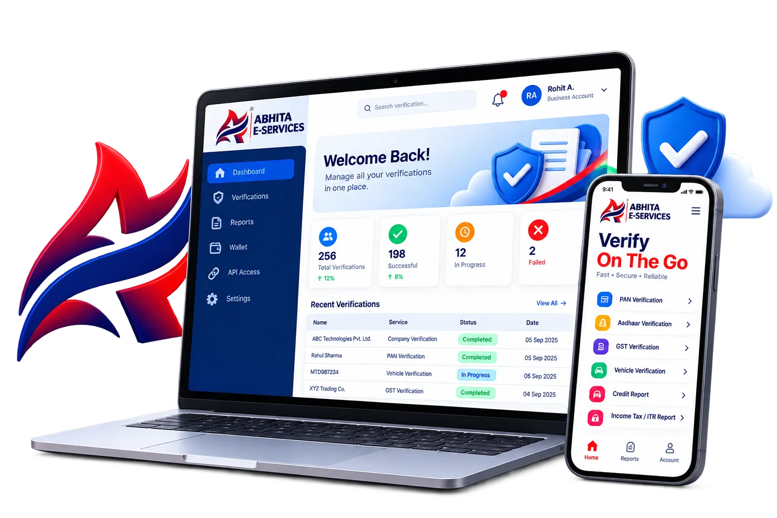 Abhita verification platform shown on laptop and mobile